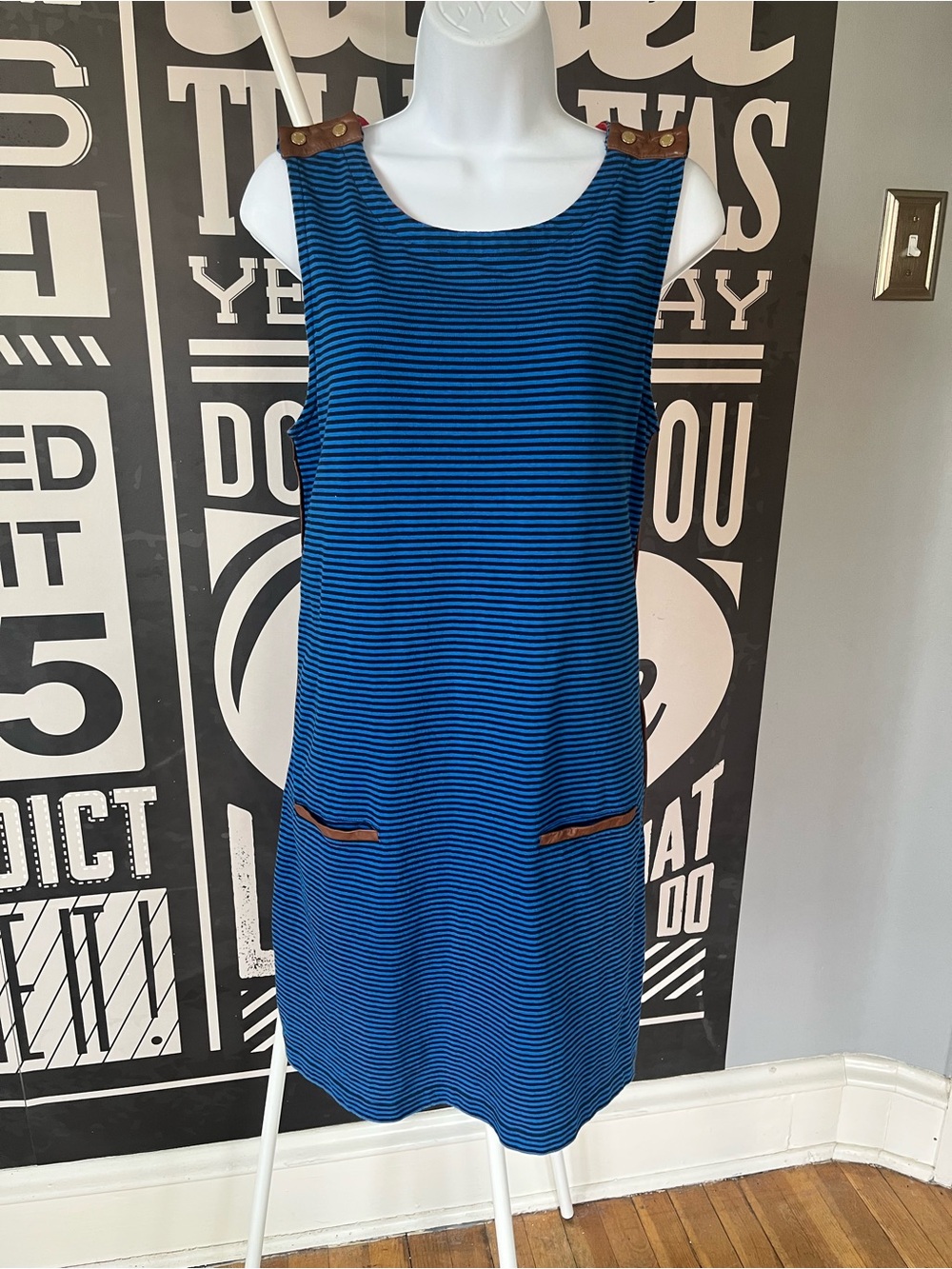 Y2K Juicy Couture Blue Striped Shift Tank Dress with Leather Trim Size Large